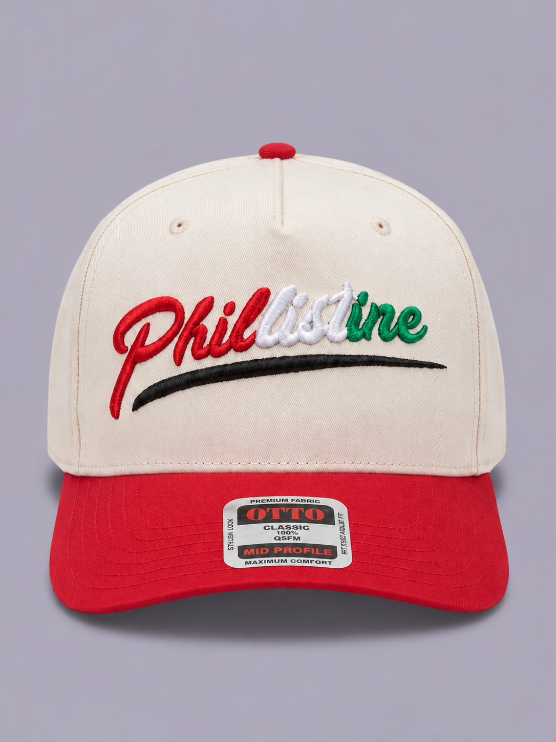 Phillistine cream and red OTTO hat with tricolour 3D puff embroidery and black underline, front view