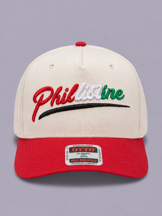 Phillistine cream and red OTTO hat with tricolour 3D puff embroidery and black underline, front view
