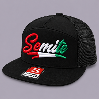 Semite black Richardson snapback hat with red, white and green 3D puff embroidery, angled view