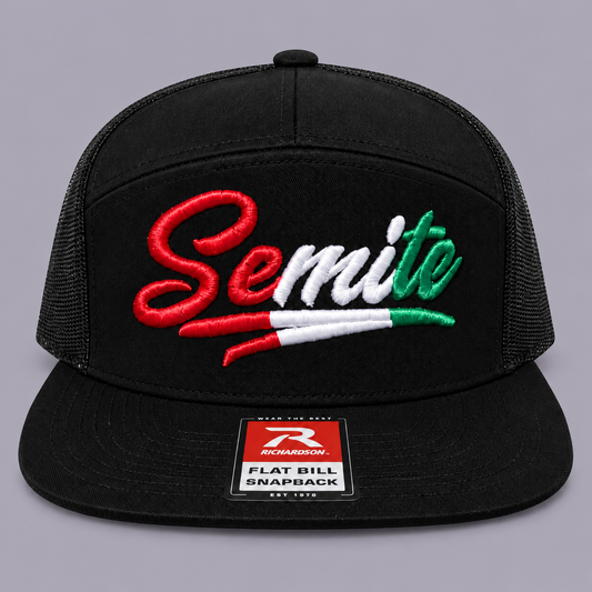 Semite black Richardson snapback hat with red, white and green 3D puff embroidery, front view