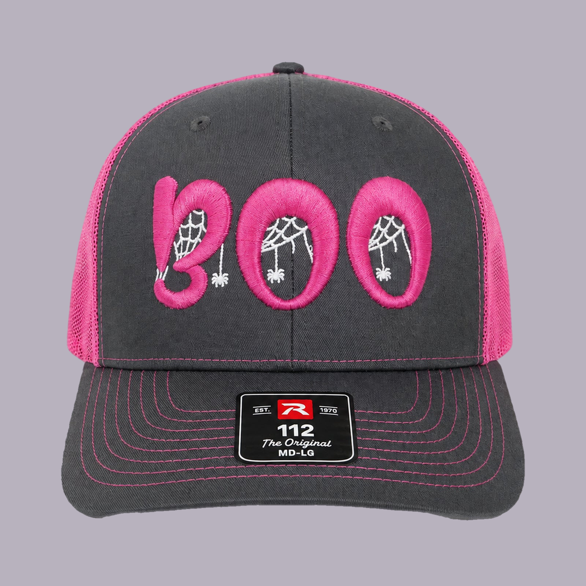 3D Puff Embroidered "BOO" Halloween Snapback Hat - Richardson 112 — product view on grey-purple background