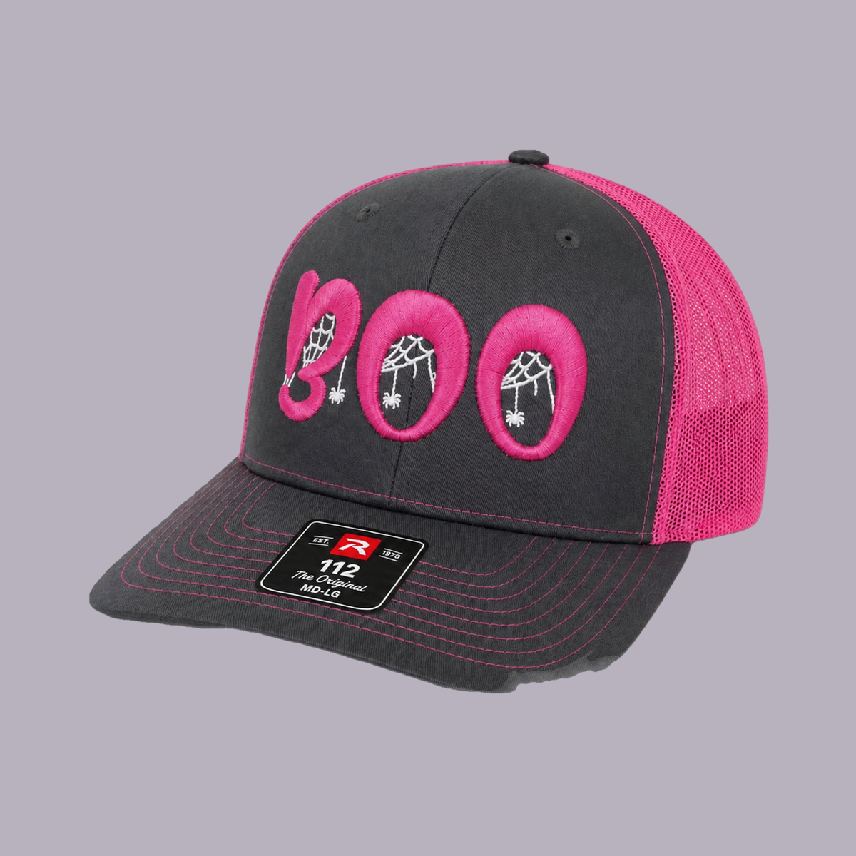 3D Puff Embroidered "BOO" Halloween Snapback Hat - Richardson 112 — product view on grey-purple background