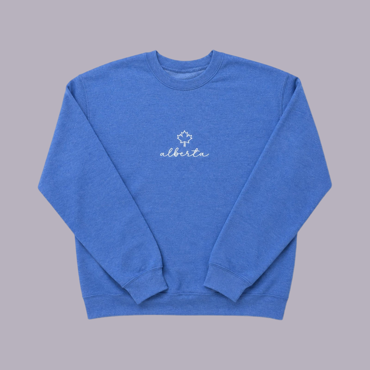 Alberta Maple Leaf Embroidered Crewneck — Blue — product view on grey-purple background