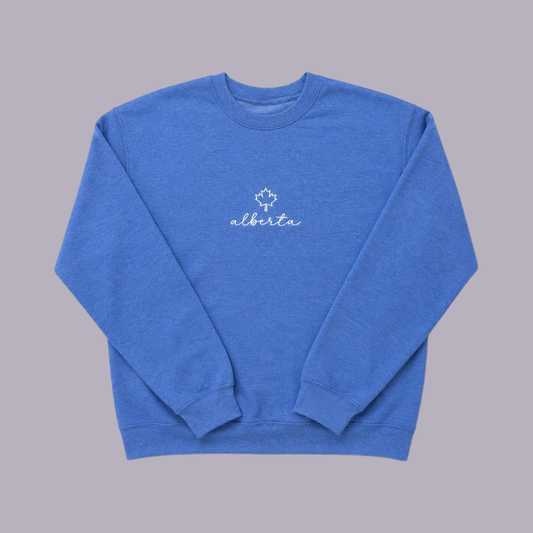 Alberta Maple Leaf Embroidered Crewneck — Blue — product view on grey-purple background