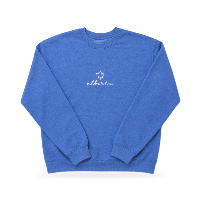 Alberta Maple Leaf Embroidered Crewneck — Blue — product view on white background