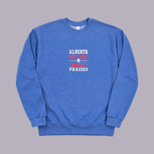 Alberta Raised, Hell Praised Embroidered Crewneck — Blue — product view on grey-purple background