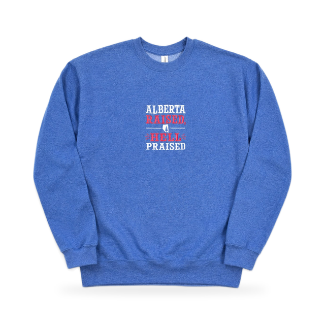 Alberta Raised, Hell Praised Embroidered Crewneck — Blue — product view on white background