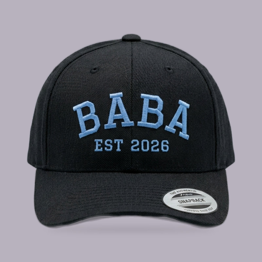 Baba EST 2026 Snapback Hat | Custom Year | New Dad Gift — product view on grey-purple background