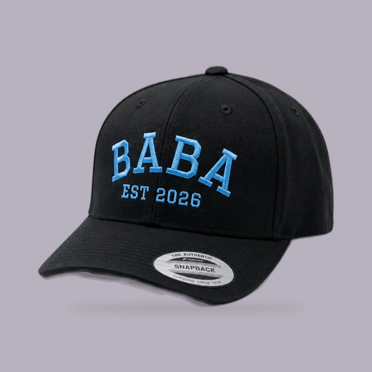 Baba EST 2026 Snapback Hat | Custom Year | New Dad Gift — product view on grey-purple background