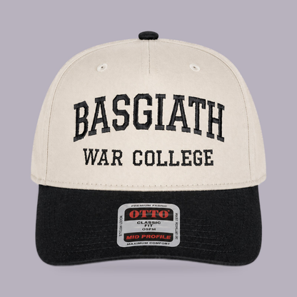 Basgiath War College Snapback Hat — Cream & Black Varsity Embroidered Cap — product view on grey-purple background