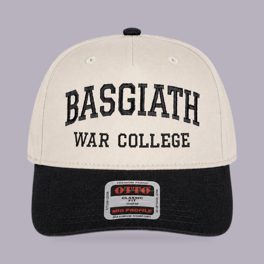 Basgiath War College Snapback Hat — Cream & Black Varsity Embroidered Cap — product view on grey-purple background