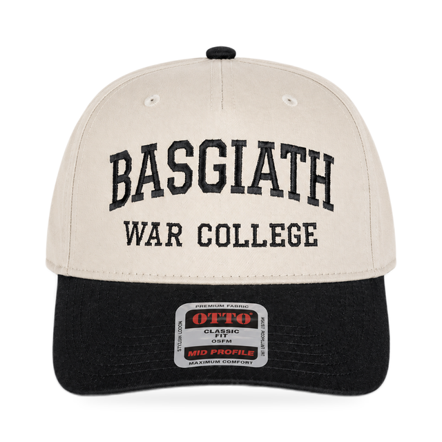 Basgiath War College Snapback Hat — Cream & Black Varsity Embroidered Cap — product view on white background