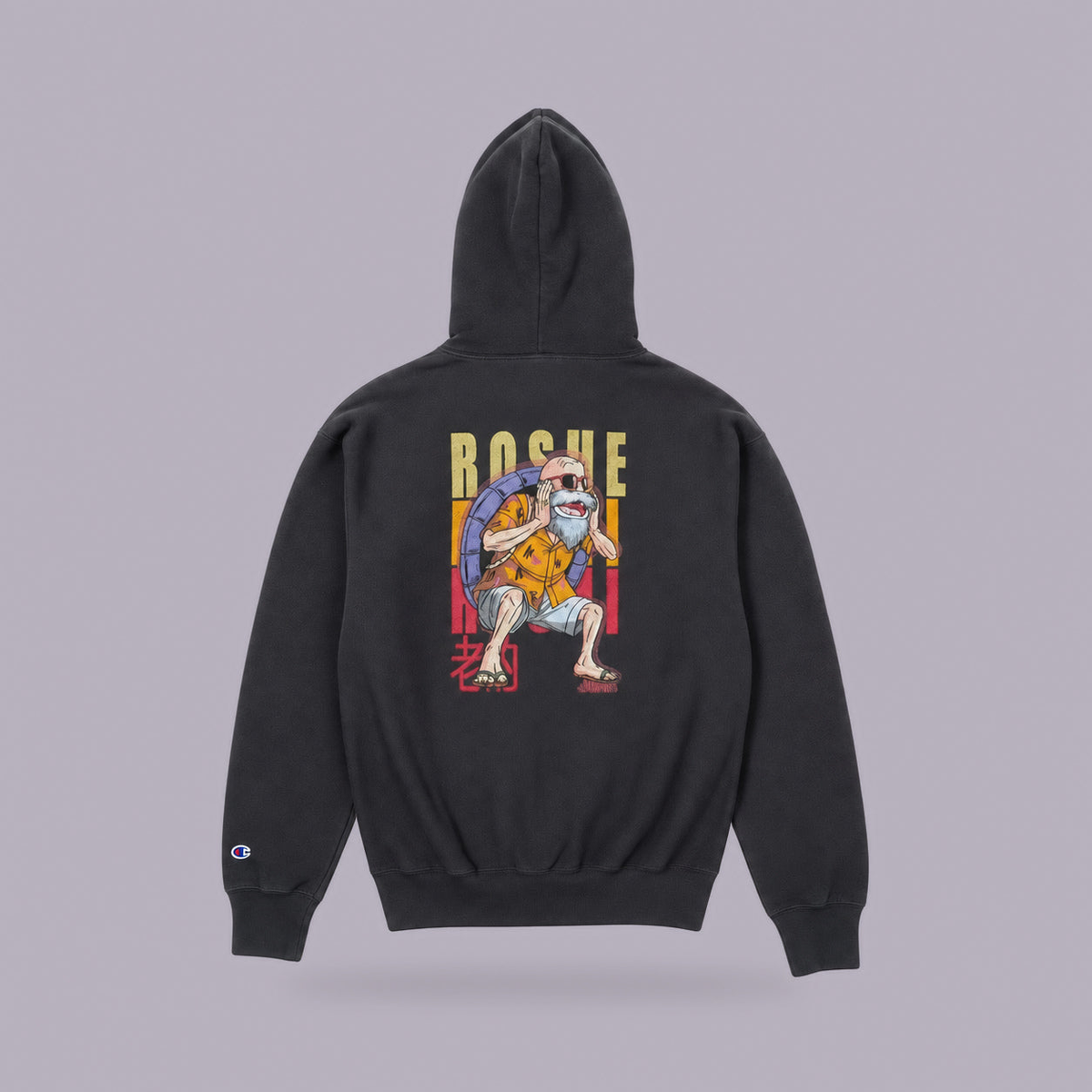 Master Roshi Embroidered Hoodie | Dragon Ball Z (Gildan or Champion) — product view on grey-purple background