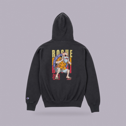 Master Roshi Embroidered Hoodie | Dragon Ball Z (Gildan or Champion) — product view on grey-purple background