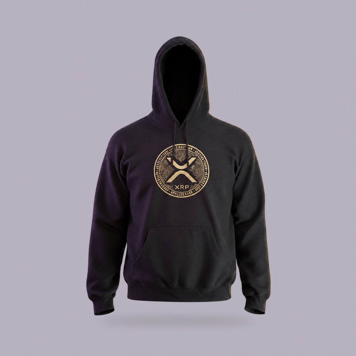 XRP Ripple Circuit Coin Embroidered Hoodie (Gildan or Champion) — product view on grey-purple background