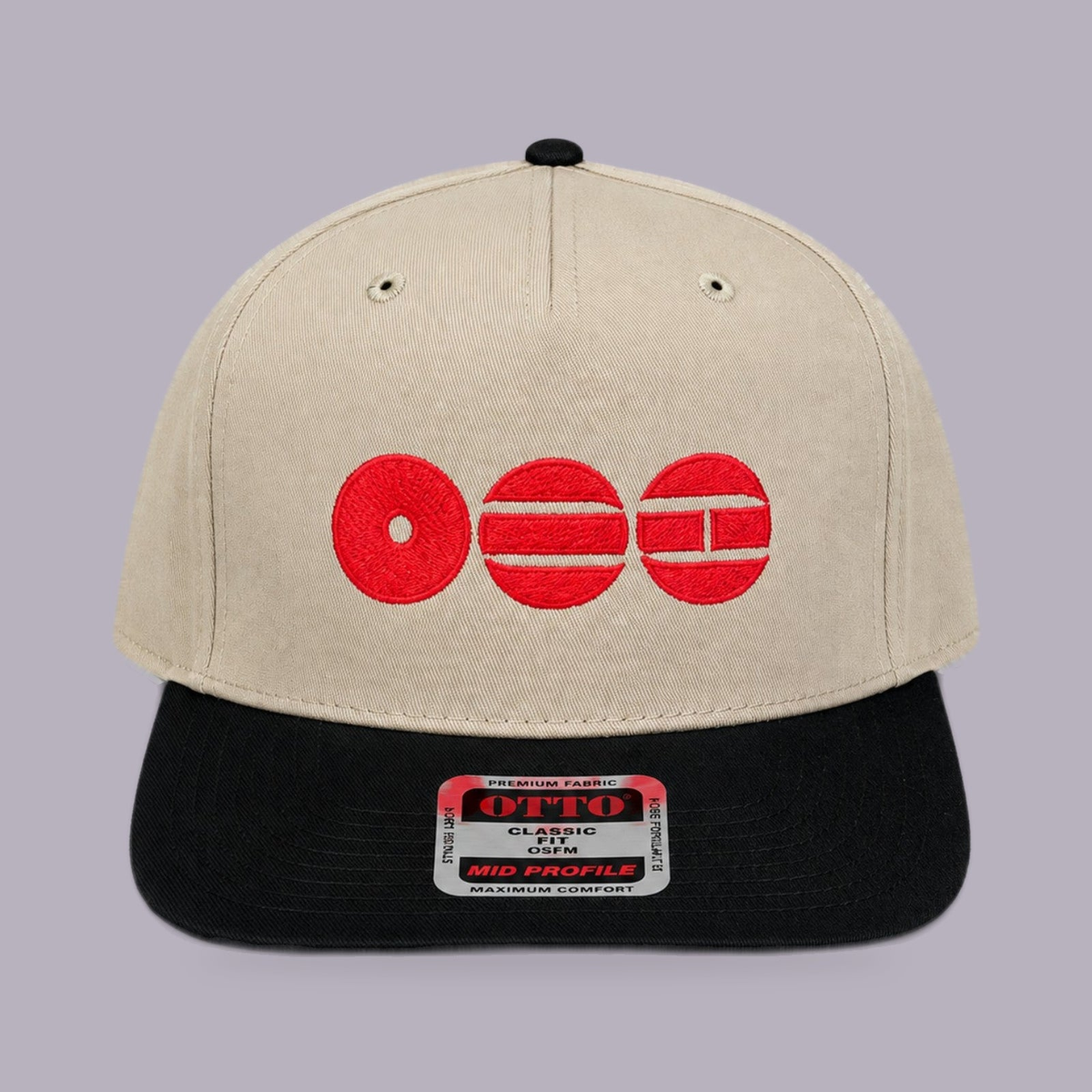 BTS Embroidered Hat — Cream & Black — product view on grey-purple background
