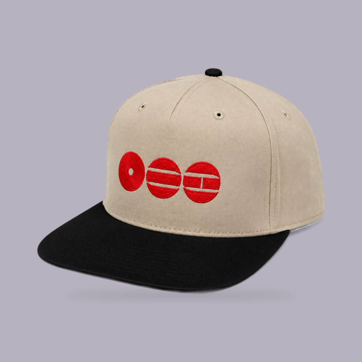 BTS Embroidered Hat — Cream & Black — product view on grey-purple background