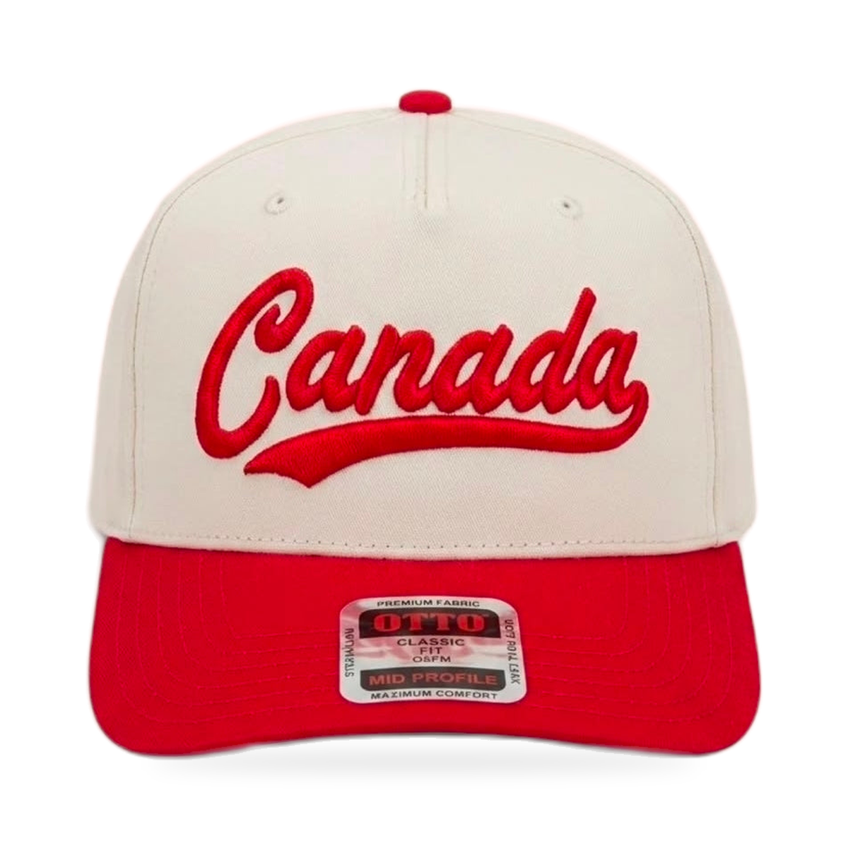 Canada Script Snapback Hat — Cream & Red 3D Puff Embroidered Cap — product view on white background