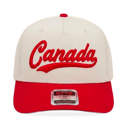 Canada Script Snapback Hat — Cream & Red 3D Puff Embroidered Cap — product view on white background