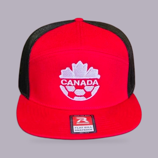 Canada Soccer Embroidered Flat Bill Snapback — Red & Black — product view on grey-purple background