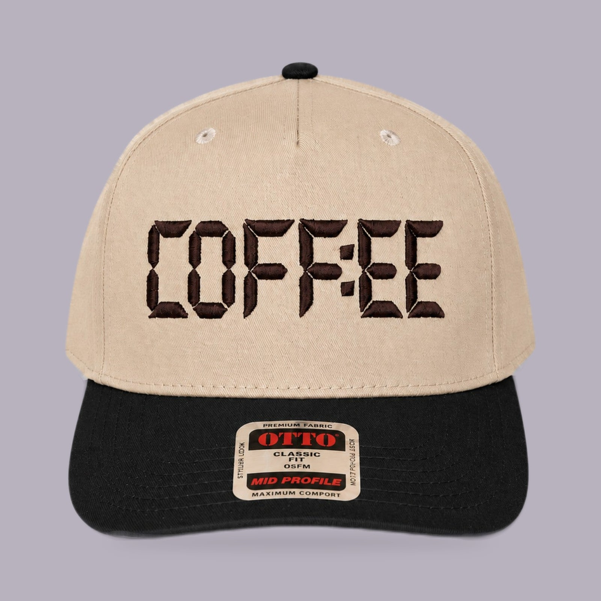 Coffee Embroidered Snapback Hat — Cream & Black — product view on grey-purple background