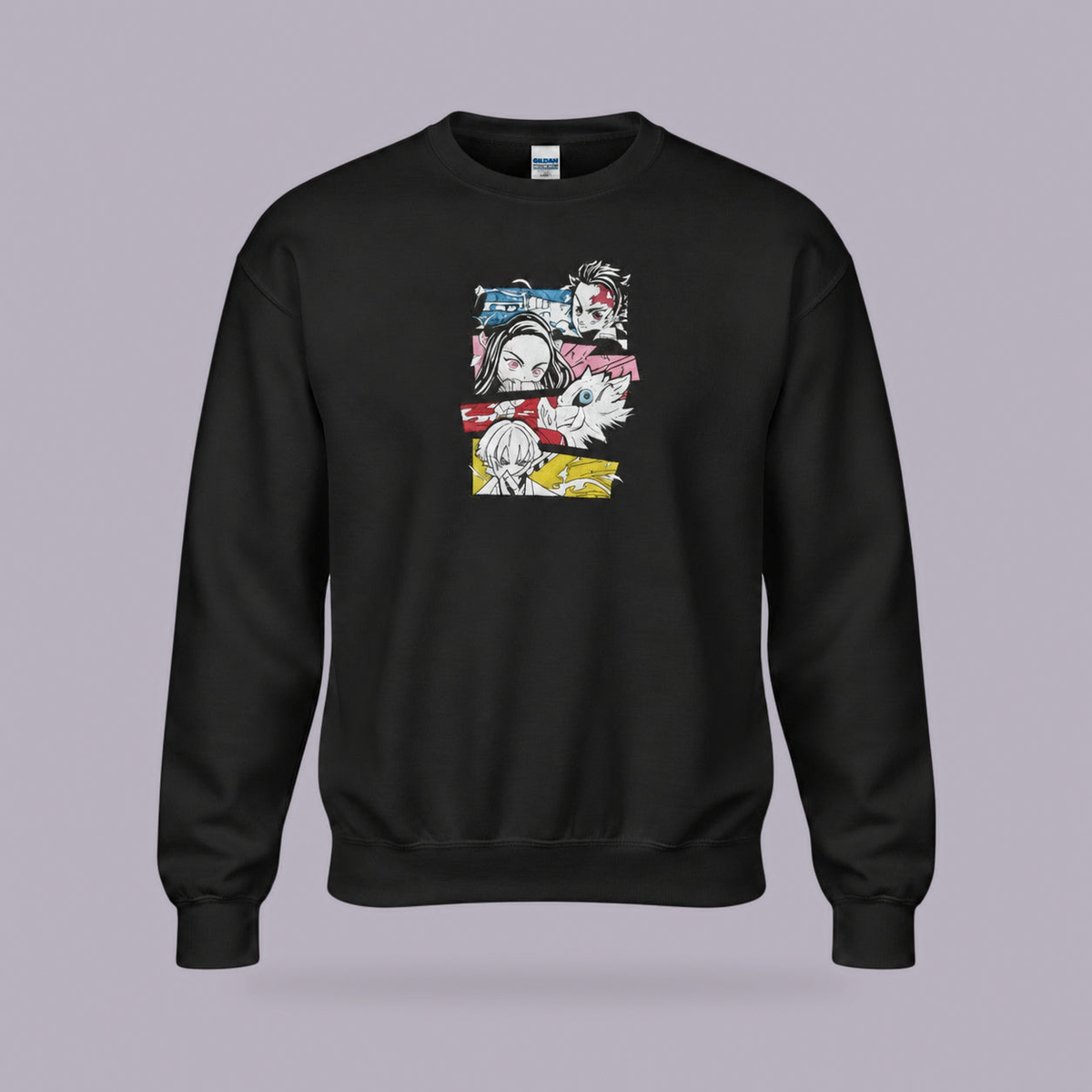 Demon Slayer Embroidered Crewneck Sweatshirt | Tanjiro, Nezuko & Zenitsu — product view on grey-purple background