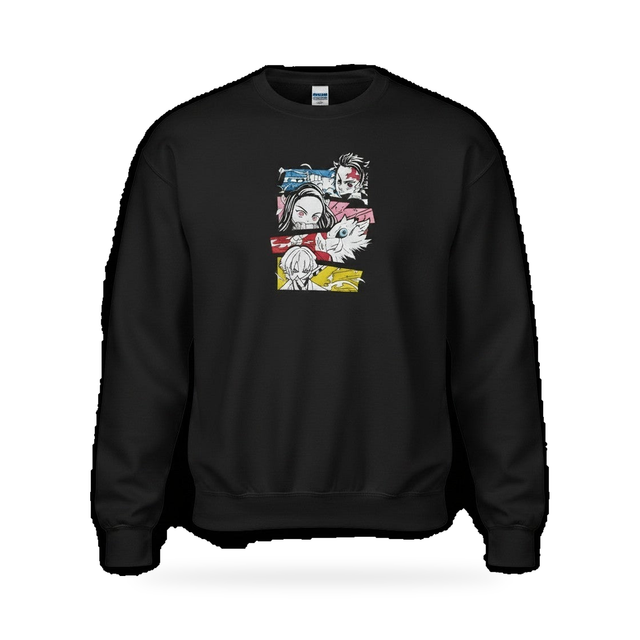 Demon Slayer Embroidered Crewneck Sweatshirt | Tanjiro, Nezuko & Zenitsu — product view on white background