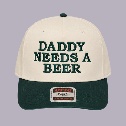 Daddy Needs a Beer Embroidered Hat — product view on grey-purple background