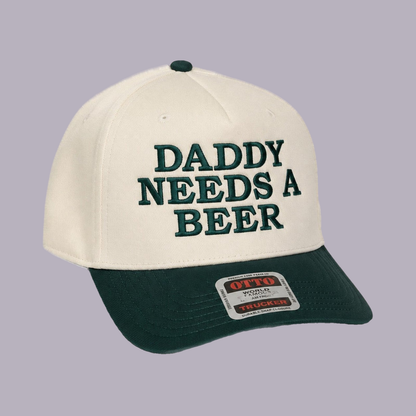 Daddy Needs a Beer Embroidered Hat — product view on grey-purple background