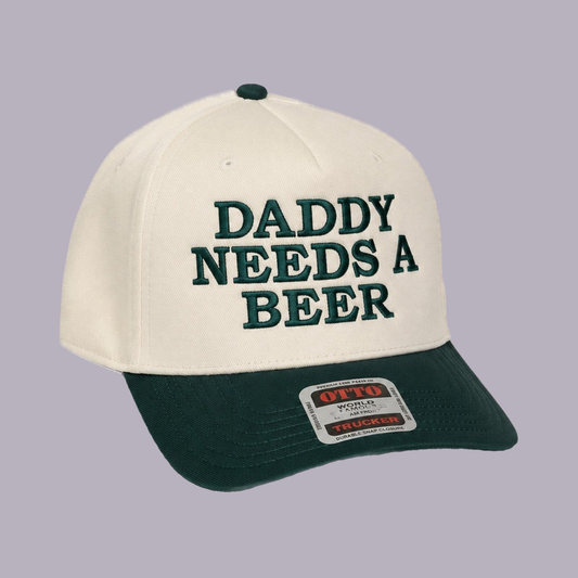 Daddy Needs a Beer Embroidered Hat — product view on grey-purple background