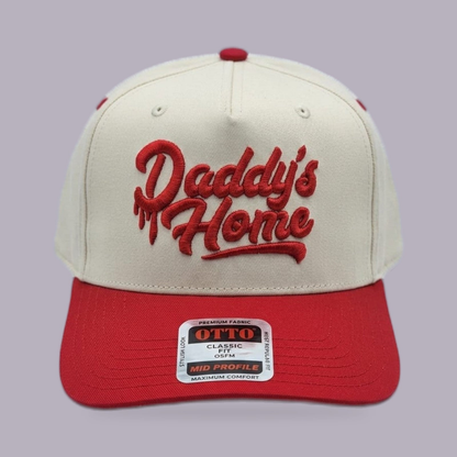 Daddy’s Home Embroidered Hat — Cream & Red — product view on grey-purple background