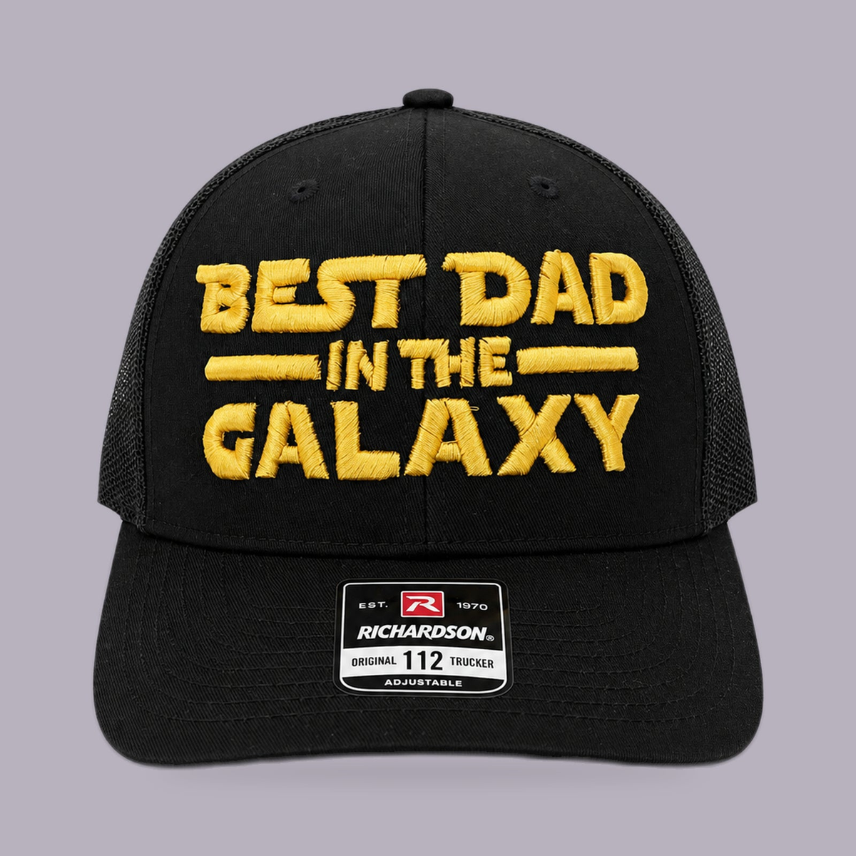 Best Dad in the Galaxy Snapback — product view on grey-purple background