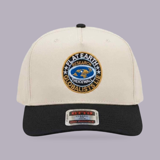 Flat Earth Research Embroidered Hat — Cream & Black — product view on grey-purple background