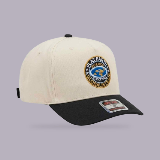Flat Earth Research Embroidered Hat — Cream & Black — product view on grey-purple background