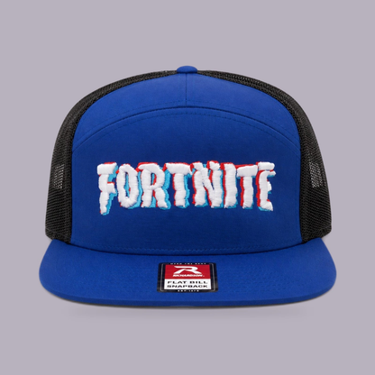 Fortnite Embroidered Flat Bill Snapback — Blue & Black — product view on grey-purple background