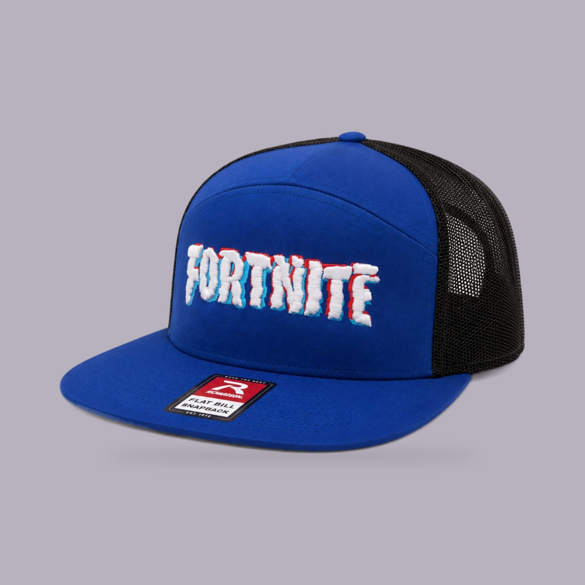 Fortnite Embroidered Flat Bill Snapback — Blue & Black — product view on grey-purple background