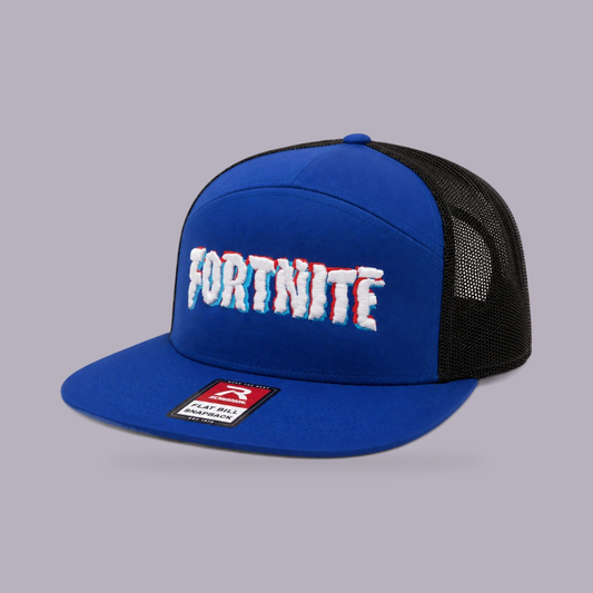 Fortnite Embroidered Flat Bill Snapback — Blue & Black — product view on grey-purple background