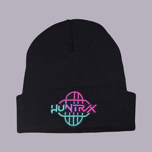 Huntrix Embroidered Beanie / Toque — Black — product view on grey-purple background