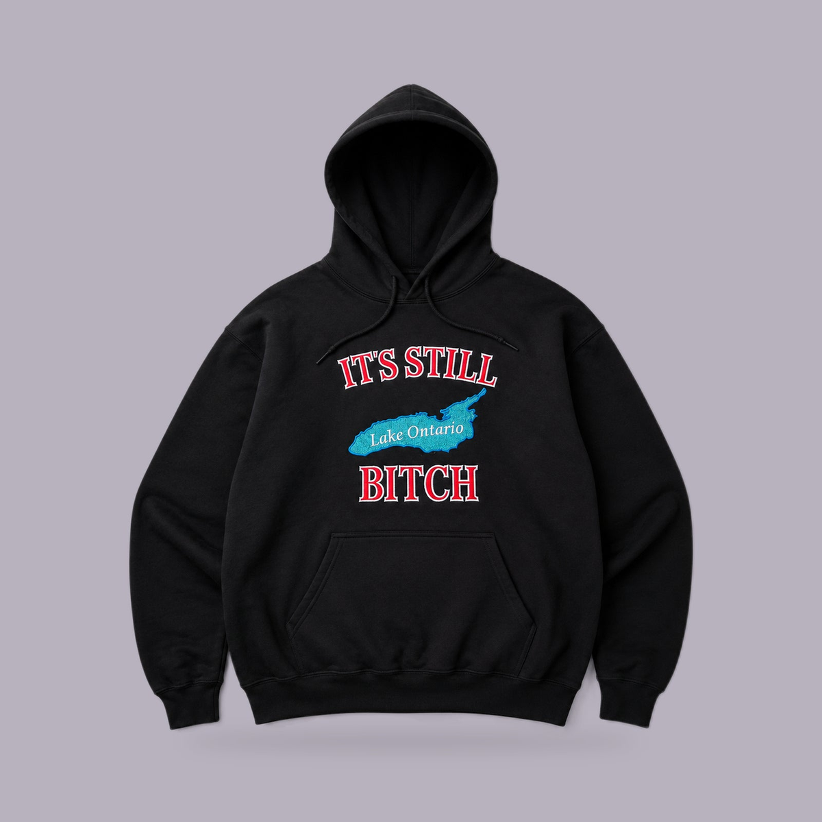 It's Still Lake Ontario Hoodie — product view on grey-purple background