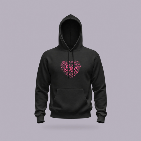 Love Floral Heart Embroidered Hoodie | Valentine's Gift — product view on grey-purple background