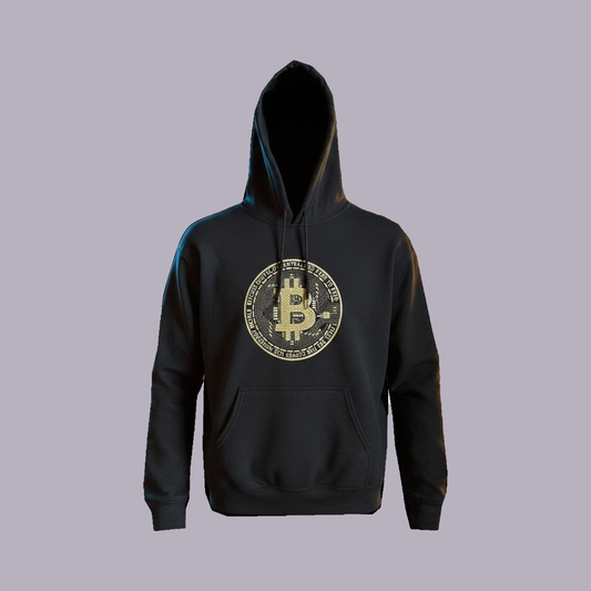Bitcoin Circuit Coin Embroidered Hoodie (Gildan or Champion) — product view on grey-purple background