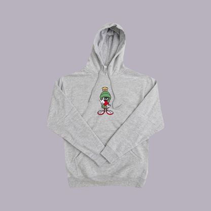 Marvin the Martian Embroidered Hoodie — Heather Grey — product view on grey-purple background
