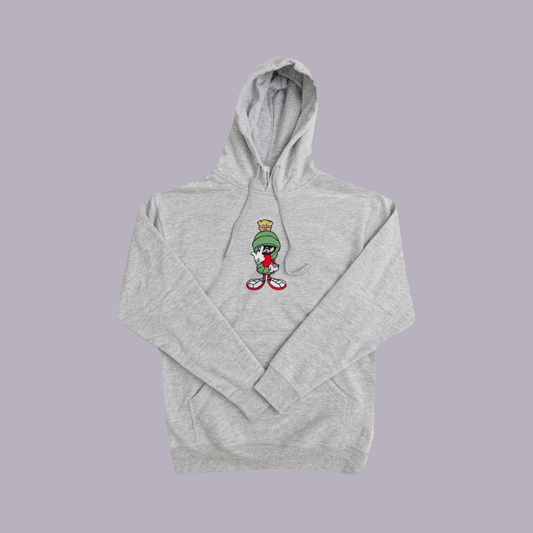 Marvin the Martian Embroidered Hoodie — Heather Grey — product view on grey-purple background