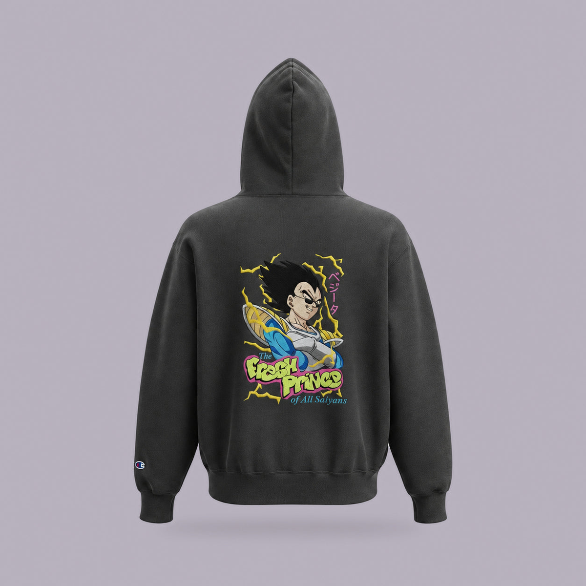 Vegeta Fresh Prince Embroidered Hoodie — product view on grey-purple background