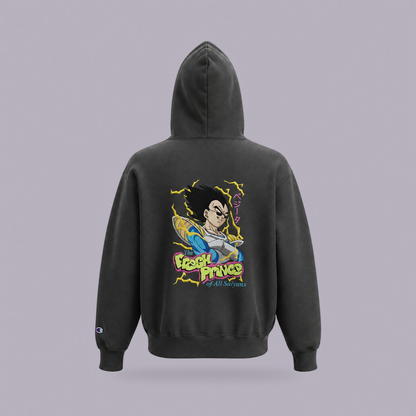 Vegeta Fresh Prince Embroidered Hoodie — product view on grey-purple background