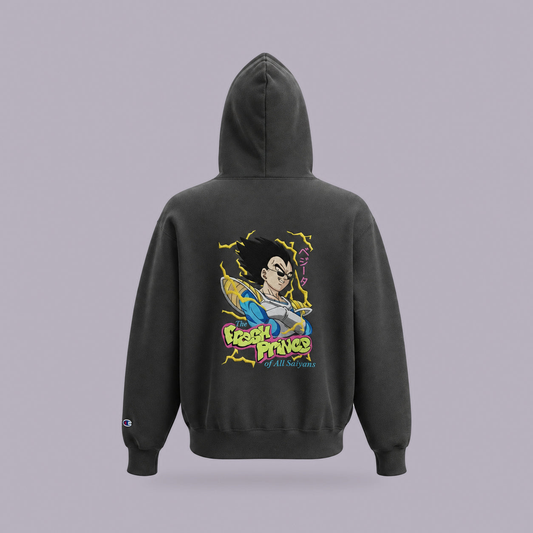 Vegeta Fresh Prince Embroidered Hoodie — product view on grey-purple background