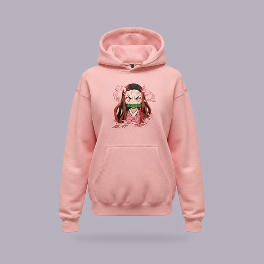 Nezuko Demon Form Embroidered Hoodie | Demon Slayer — product view on grey-purple background