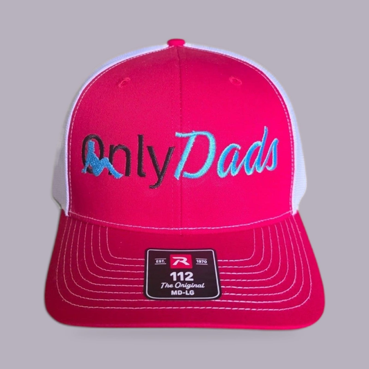 Only Dads Embroidered Trucker Hat — Red & White Richardson 112 — product view on grey-purple background