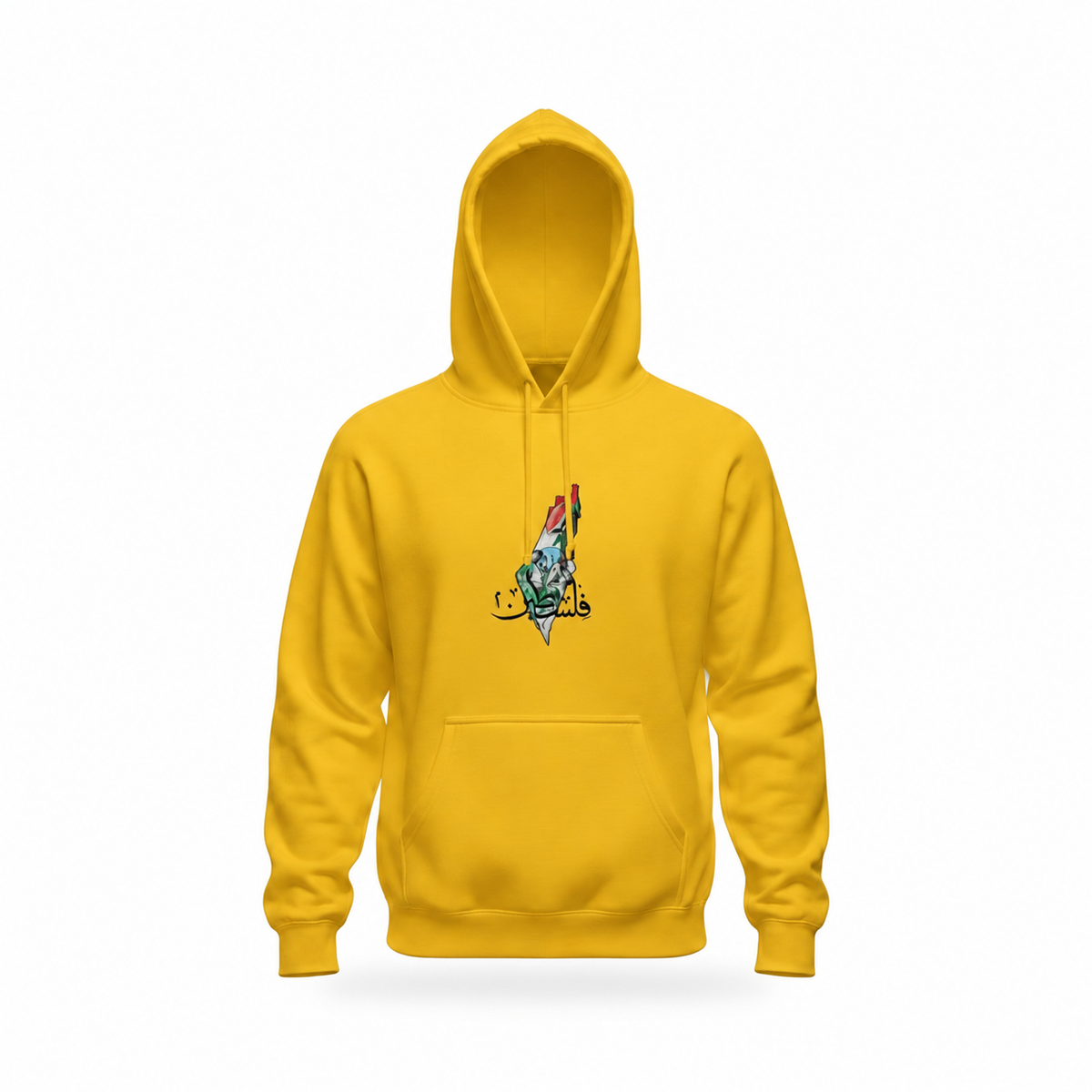 Palestine Map Embroidered Hoodie | فلسطين Arabic Calligraphy — product view on white background