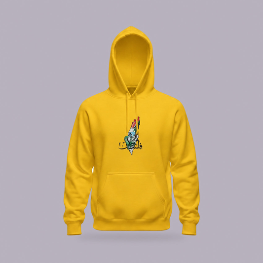 Palestine Map Embroidered Hoodie | فلسطين Arabic Calligraphy — product view on grey-purple background